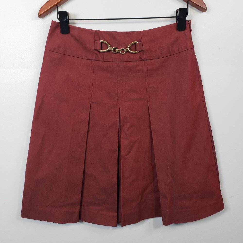 New York & Company Pleated Skirt Womens 2 A Line Burgundy Side Zip Midi / A276
